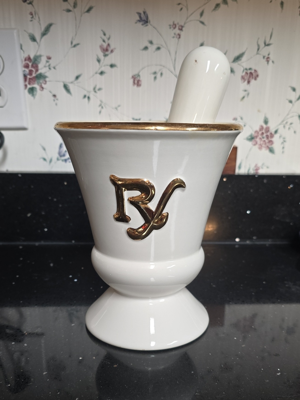 Vintage. White Porcelain Mortar & Pestle with Gold Accent